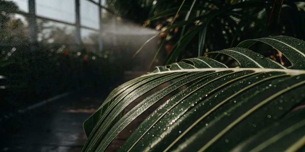 Close-up of a glistening green leaf covered in fine water mist inside a greenhouse.
