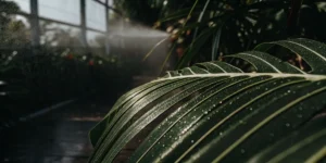 Close-up of a glistening green leaf covered in fine water mist inside a greenhouse.