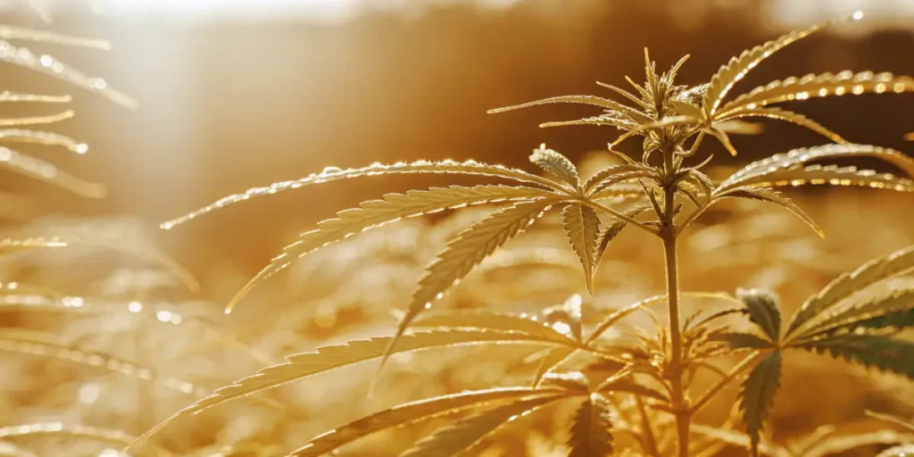 golden cannabis plant glowing in sunlight