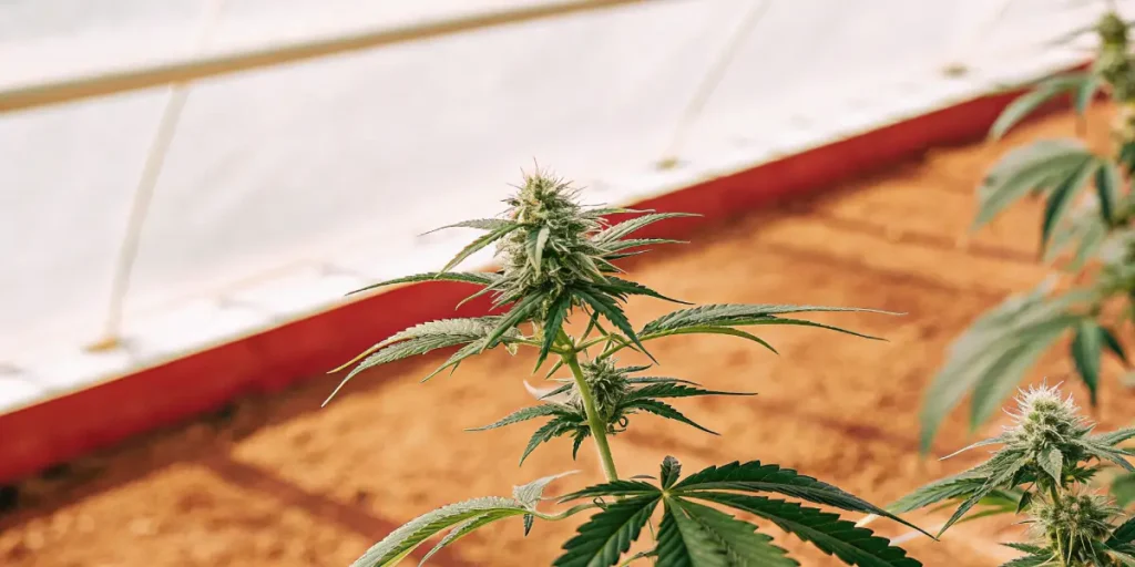 Close-up of a healthy cannabis bud developing inside a greenhouse with warm natural light.