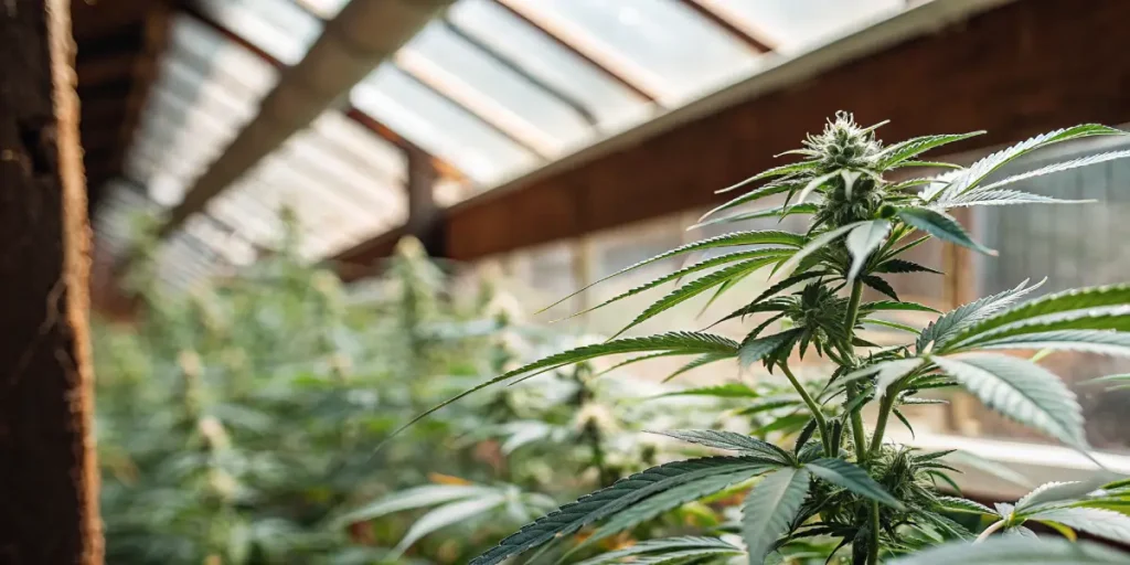 greenhouse cannabis plant with natural light and healthy green leaves