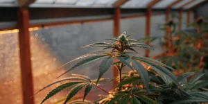 Cannabis plant illuminated by warm sunset light inside a greenhouse.