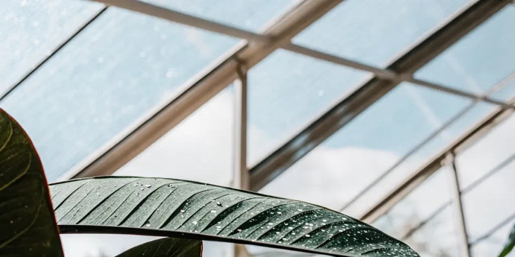 Close-up of a large green leaf with water droplets inside a bright greenhouse.