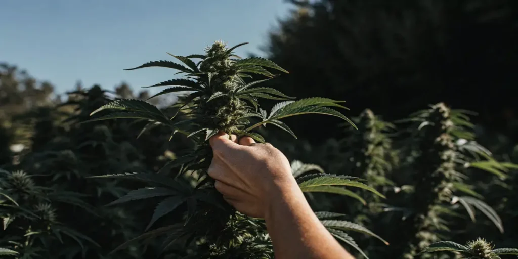 Hand inspecting outdoor cannabis bud with dense flowers and healthy green leaves under natural sunlight.