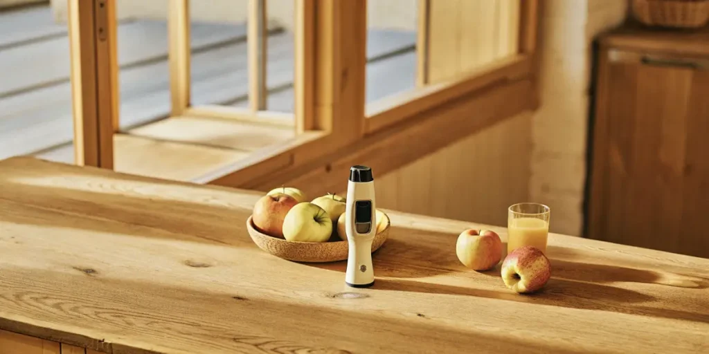 handheld brix refractometer with apples and juice