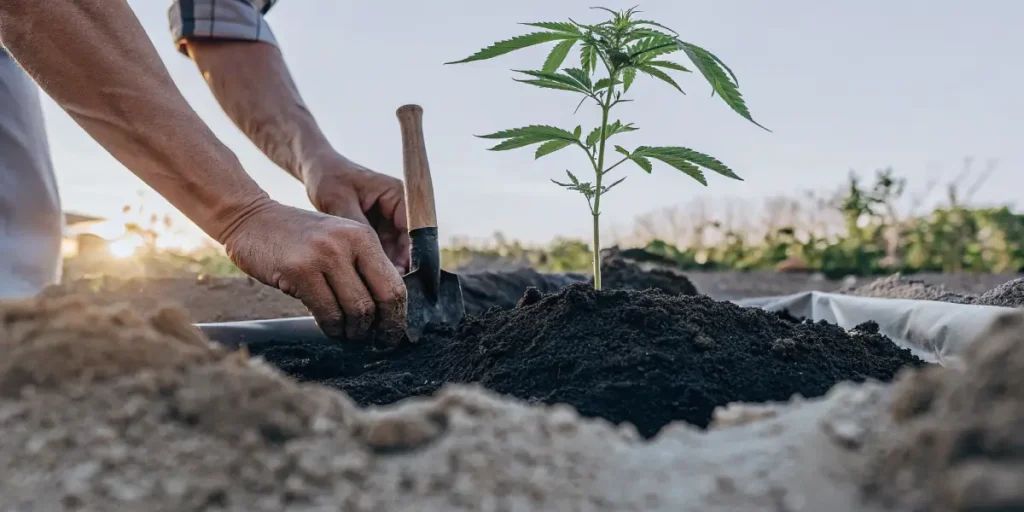 Gardener hands planting a small cannabis seedling into dark soil in an outdoor garden bed at sunset