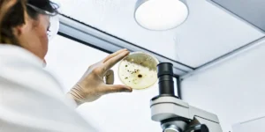 Scientist examining a petri dish with microbial growth under laboratory lighting.