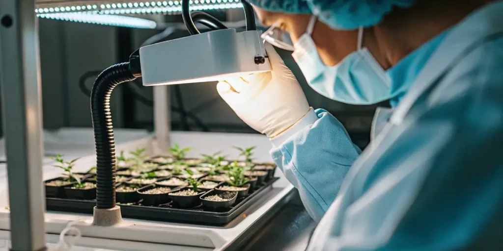 Scientifique analysant de jeunes plants de cannabis sous lumière de laboratoire