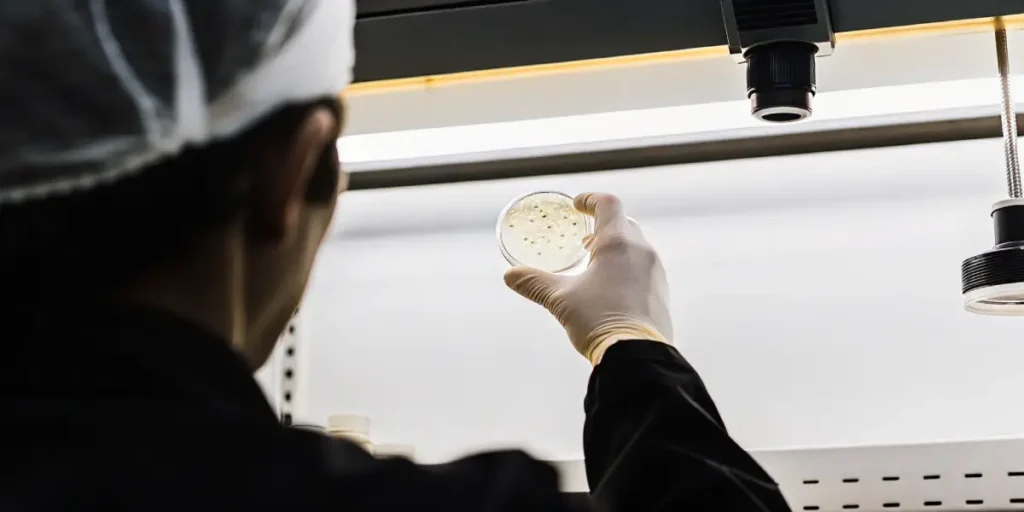 Researcher holding a petri dish with visible cultures under a sterile lab hood.