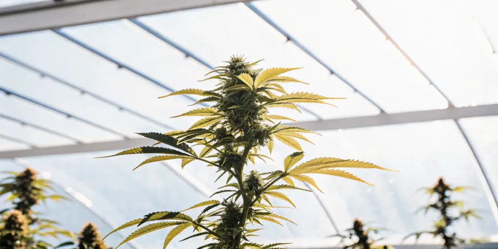 Close-up of a lush cannabis plant thriving under bright greenhouse light.