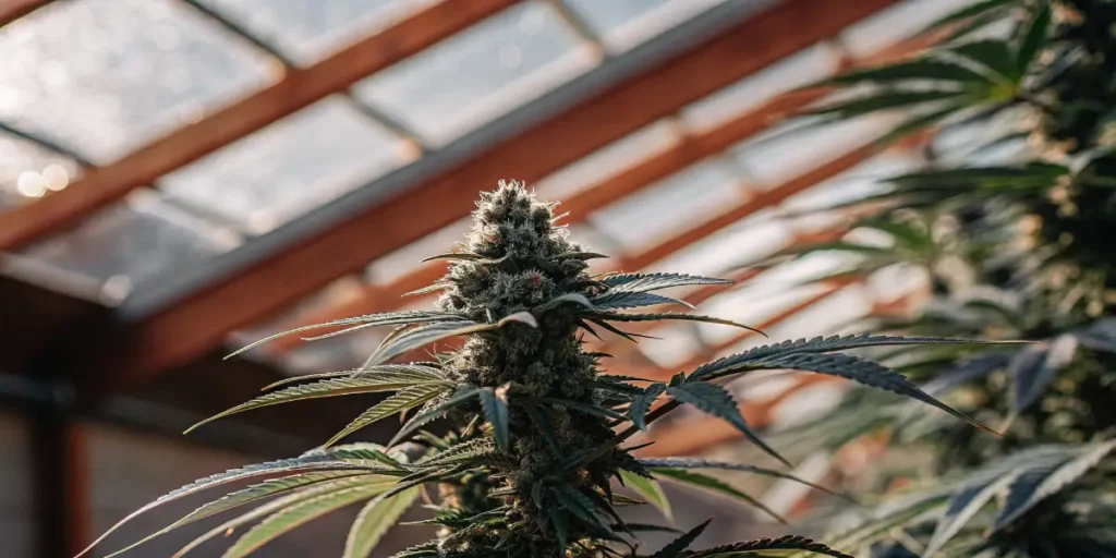 mature cannabis bud in greenhouse during flowering stage