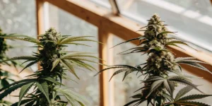 mature cannabis buds growing in greenhouse sunlight