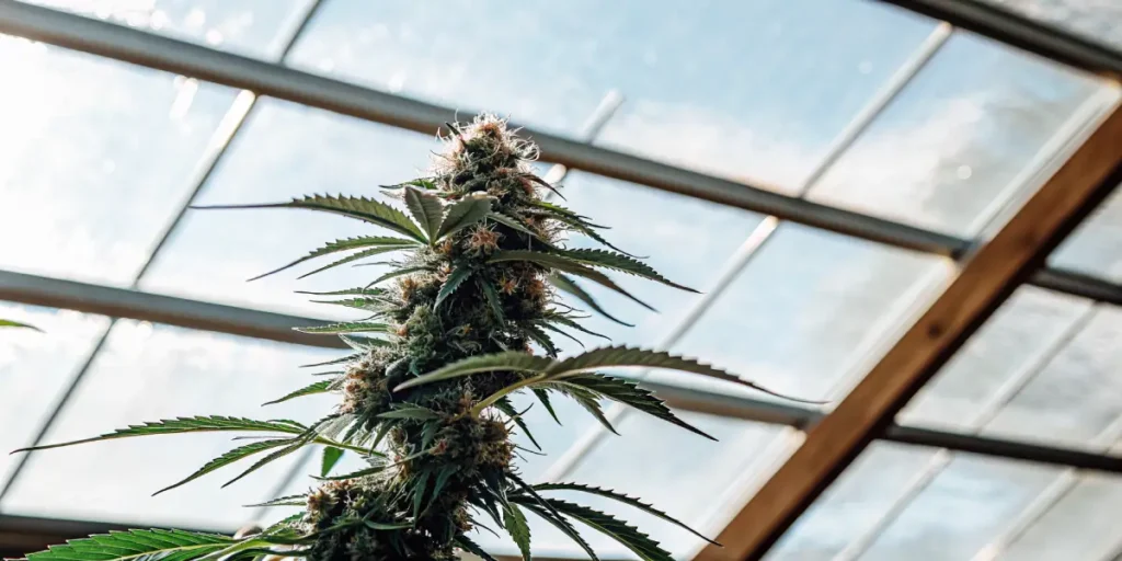 mature cannabis plant in greenhouse illuminated by sunlight