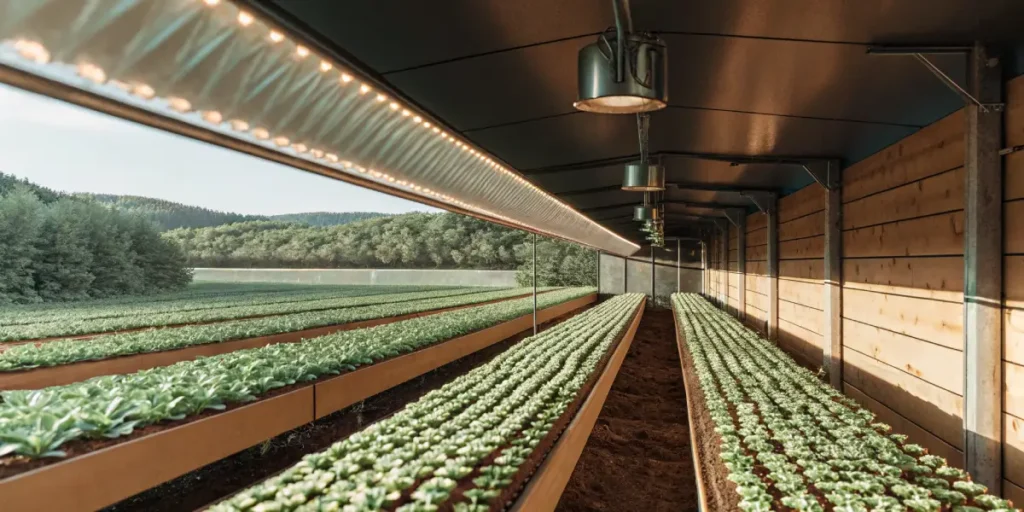 Modern greenhouse interior with LED lighting illuminating dense leafy crop beds arranged in long elevated rows.