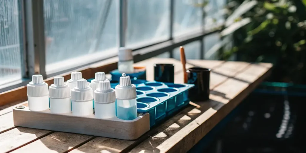Nutrient bottles and a blue measuring tray arranged on a wooden table inside a bright cannabis grow room.