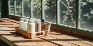 Organic cannabis nutrient bottles arranged in a wooden tray inside a sunlit greenhouse.