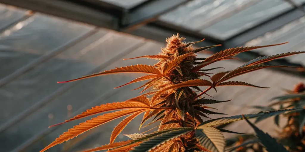 orange tinted cannabis bud in greenhouse light
