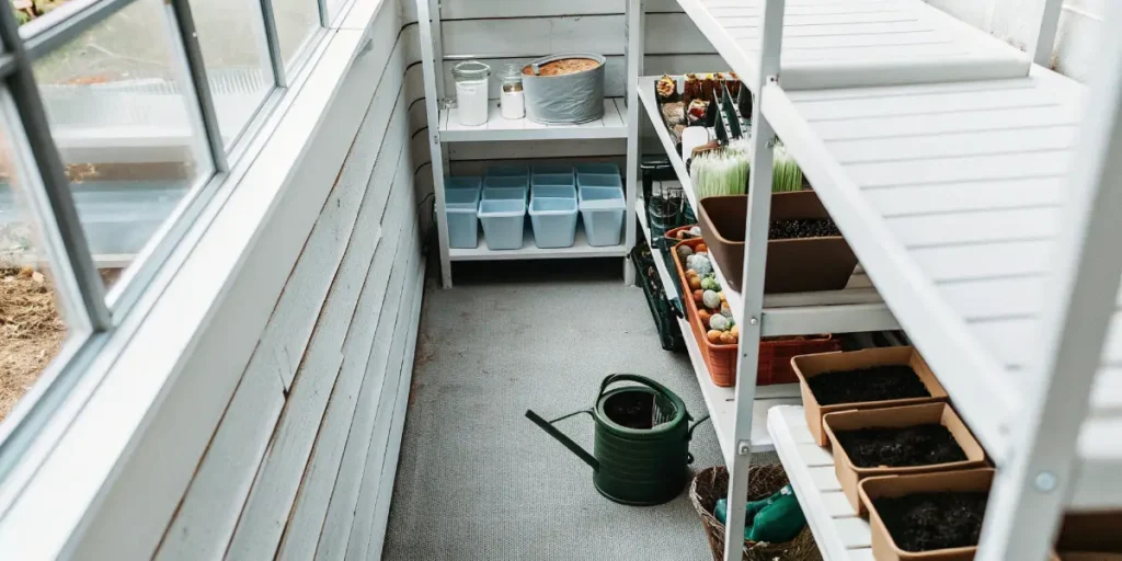 Organized gardening shelf with pots, soil, trays, and tools in a bright greenhouse.