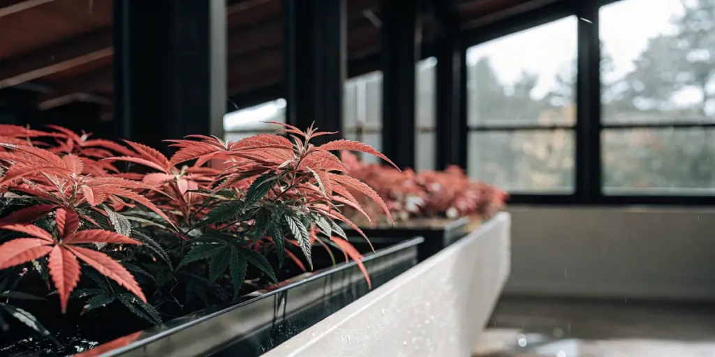 Red cannabis plants indoor grow thriving under soft window light with dense foliage in raised planter boxes.