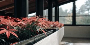 Red cannabis plants indoor grow thriving under soft window light with dense foliage in raised planter boxes.