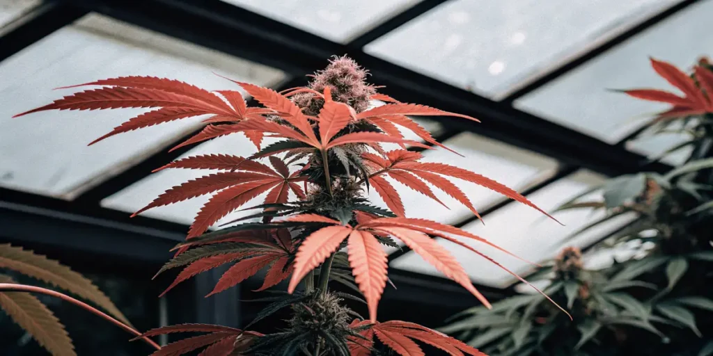 Close-up of a red-leaf cannabis plant in full flower inside a bright greenhouse.