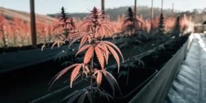 Jeune plante de cannabis rouge poussant dans un sac de culture en extérieur, sous une lumière naturelle.