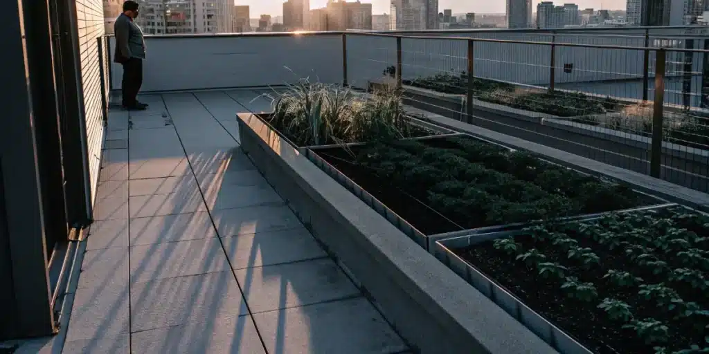 Rooftop urban garden at sunset with raised beds of leafy greens and a man observing the city skyline.