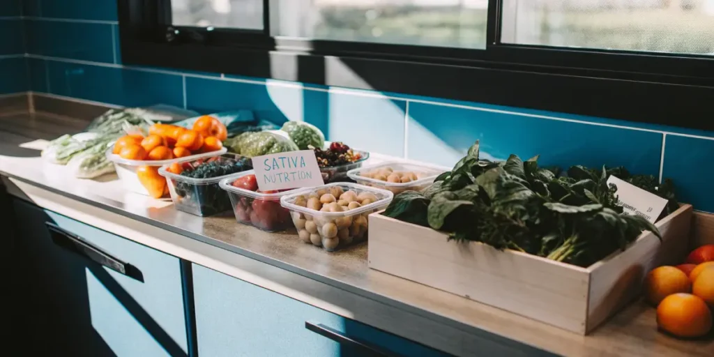 Fresh produce and labeled containers arranged on a kitchen counter for Sativa Nutrition meal prep.