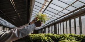 Scientist holding and inspecting a large green flower inside a greenhouse.