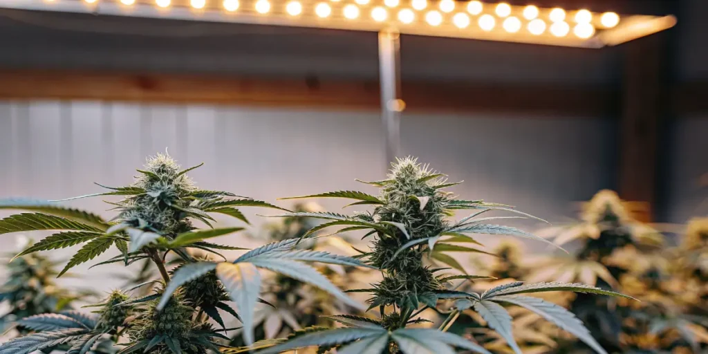 Lush cannabis buds maturing under bright indoor grow lights in a controlled cultivation room.