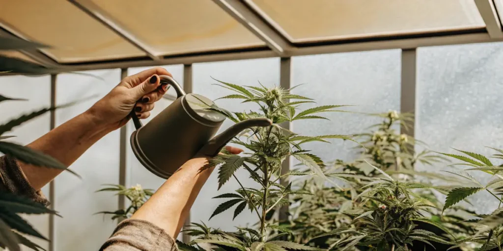 Watering-cannabis-plant-greenhouse with a metal watering can under warm natural light.