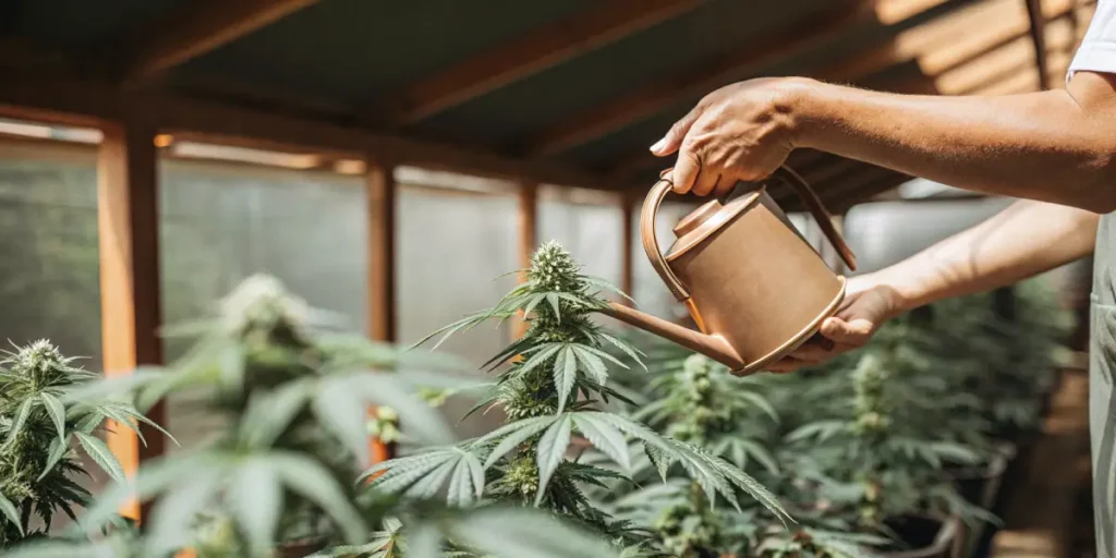 Watering-cannabis-plant-indoor with a copper watering can inside a sunlit greenhouse.