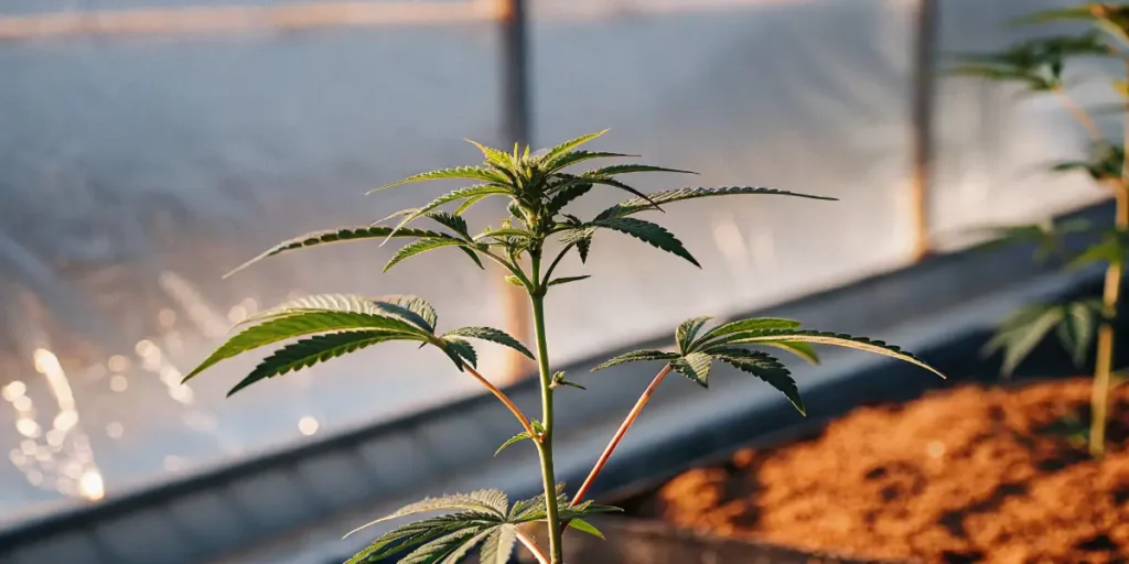 Young cannabis plant growing in a greenhouse with warm sunlight illuminating its leaves and stem.