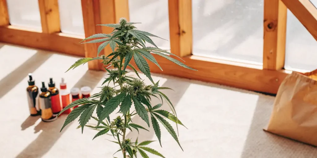 Young cannabis plant growing indoors in a greenhouse with nutrients and supplies placed on the floor behind it.