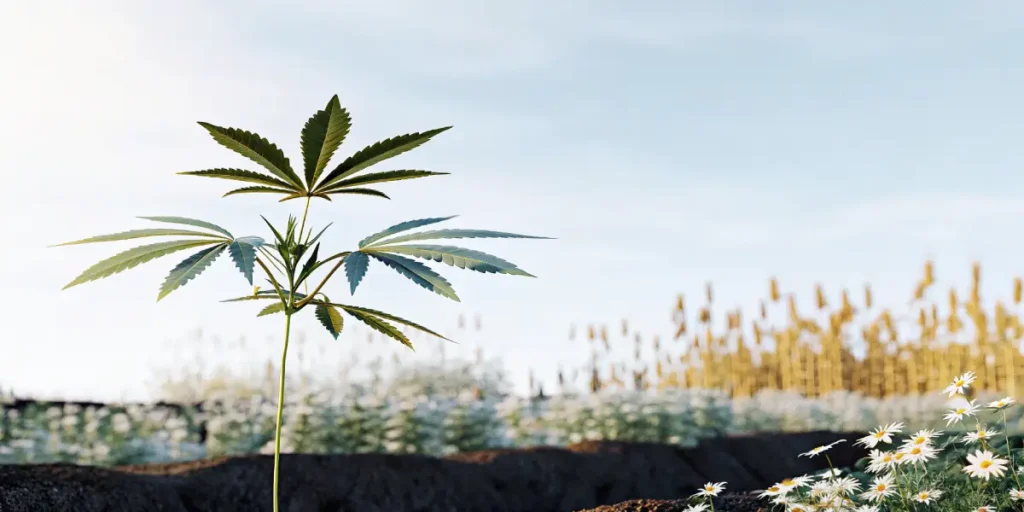 young cannabis plant growing in organic soil