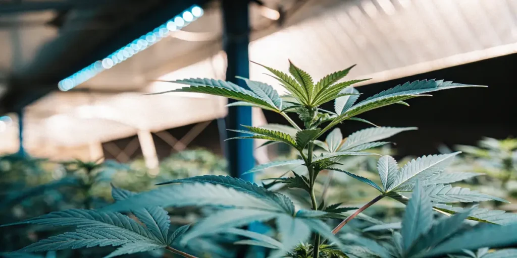 Young cannabis plant growing under blue-spectrum LED lights inside an indoor cultivation facility.
