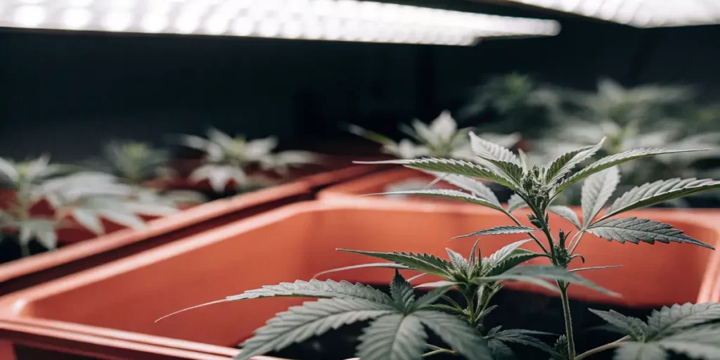 Young cannabis plants growing in orange pots beneath bright LED grow lights.