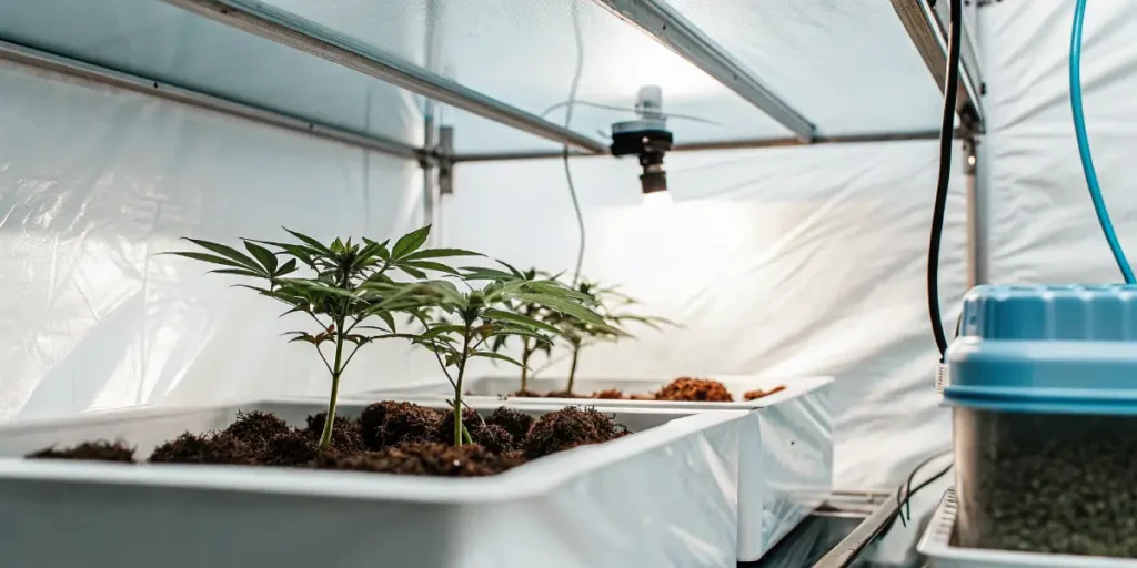 Young cannabis plants growing in a white indoor grow tent with controlled lighting and soil trays.