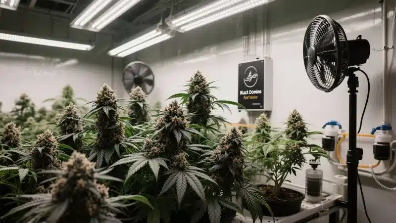 Black Widow strain cultivated indoors under LED lights, developing dense, trichome-covered colas.