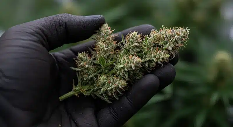 A freshly harvested Blackberry Pie bud, showing dense trichomes and orange pistils, known for its sweet berry fragrance and relaxing effects.