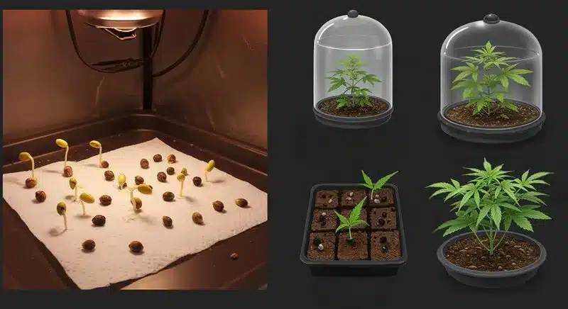 Germination and seedling stages of Blood Diamond OG, from sprouting to early vegetative growth, ensuring strong root and stem development.