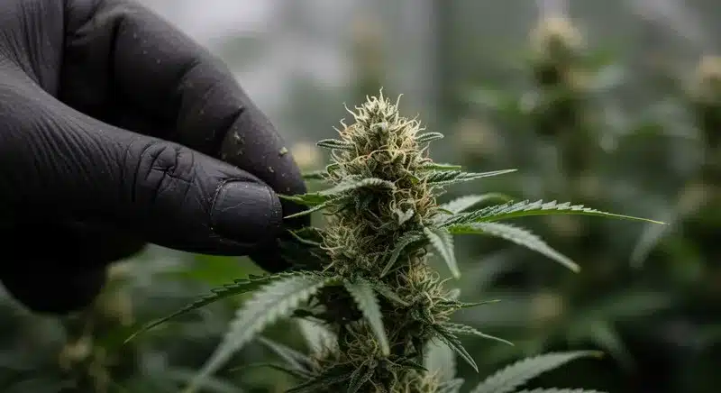 A grower examines a mature Blue Fruit Auto plant, highlighting dense buds covered in resin and fruity terpenes typical of this autoflowering strain.