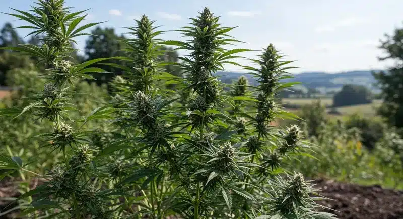 Blue Fruit Auto plants thriving in outdoor conditions, known for their fast flowering time, strong aroma, and sweet berry-like flavor profile.