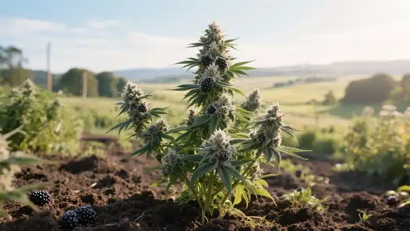 Blue OG cannabis plant growing outdoors under the sun, with dense resinous buds and a fruity, earthy scent ideal for hybrid lovers.