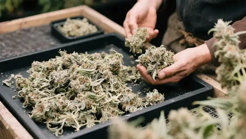 Grower handling freshly harvested Blue OG Regular buds during the curing process, enhancing potency, aroma, and smooth flavor profile.