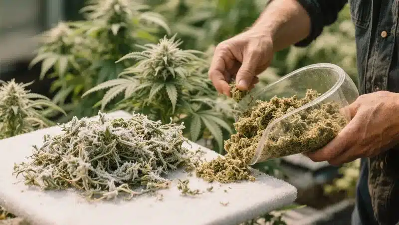 A grower separates frosty Blueberry x Big Bud Auto buds during harvest, showcasing the dense structure and fruity aroma of this autoflower hybrid.