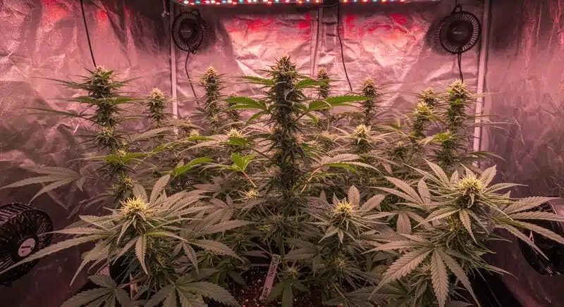Blueberry x Big Bud Auto plants growing indoors under LED lights, known for rapid flowering, compact growth, and abundant resin production.