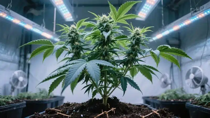 Blueberry x Big Devil Auto growing indoors under LED lighting, producing compact, resinous buds with rich aroma and fast autoflowering growth.