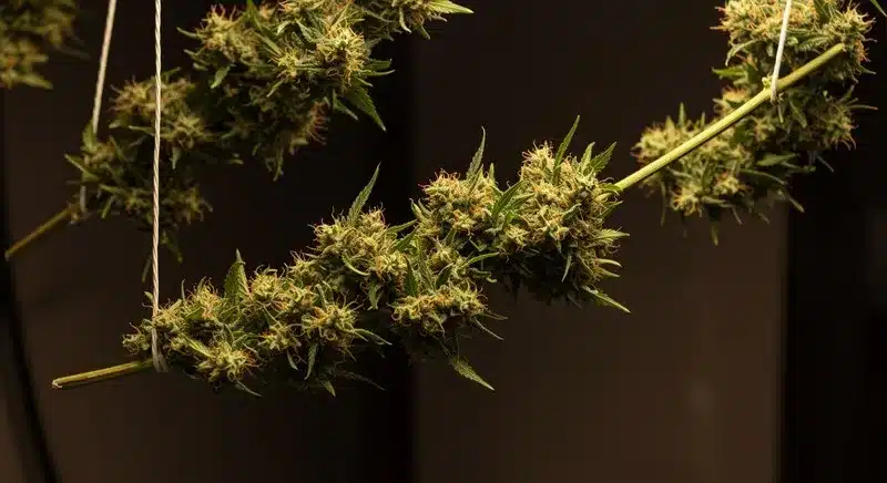 Freshly harvested Blueberry x Cream Cheese Auto buds hanging to dry, showcasing compact flowers and the strain’s sweet blueberry aroma.