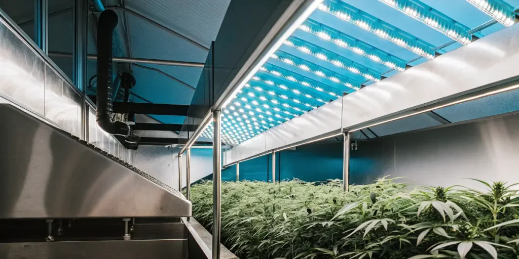 An advanced indoor cannabis grow room illuminated by bright blue-spectrum LED lights over dense, healthy plants.